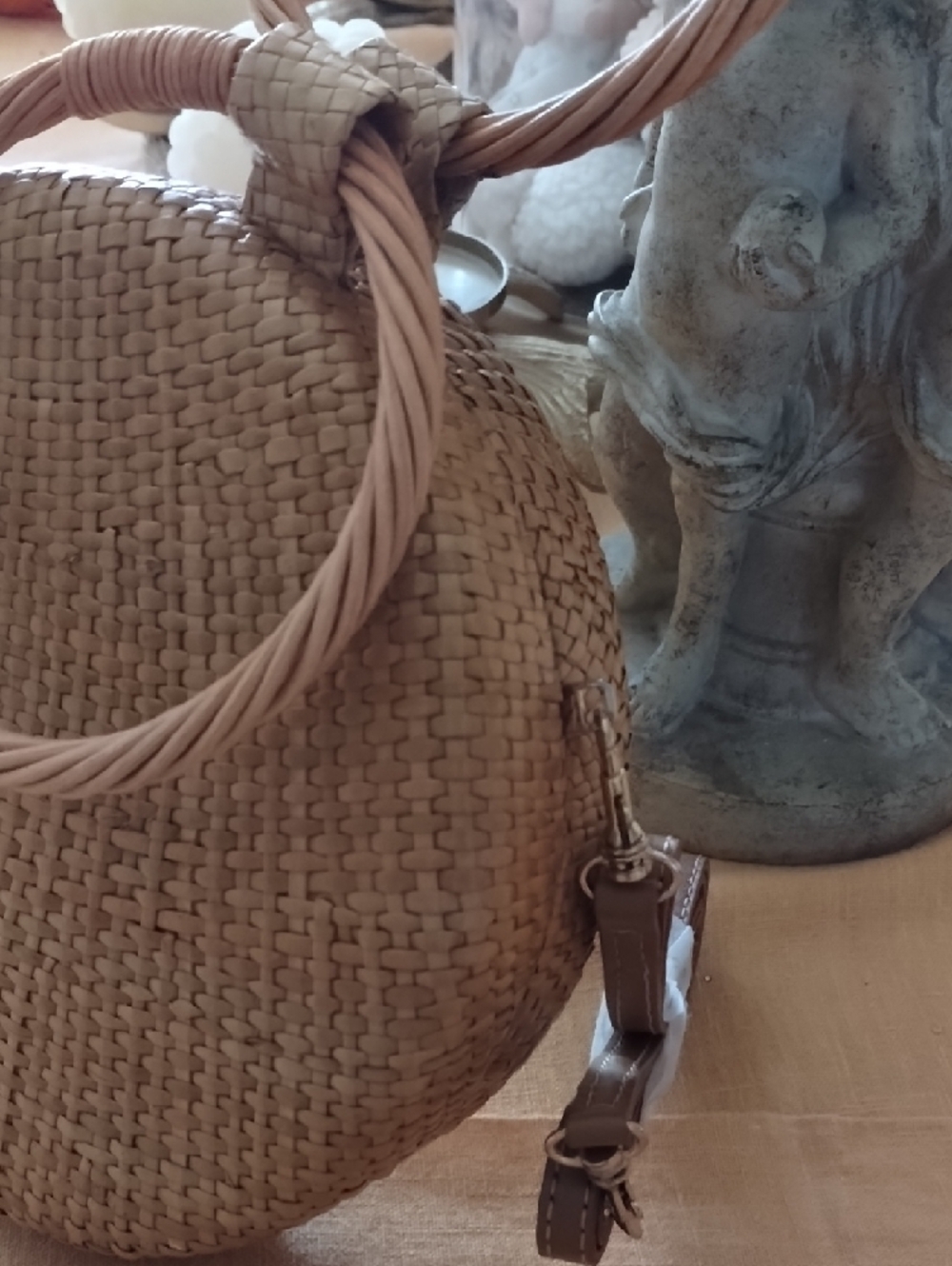 Woven Round Straw Handbag with Ring Handles - Natural - Picture 2 of 7